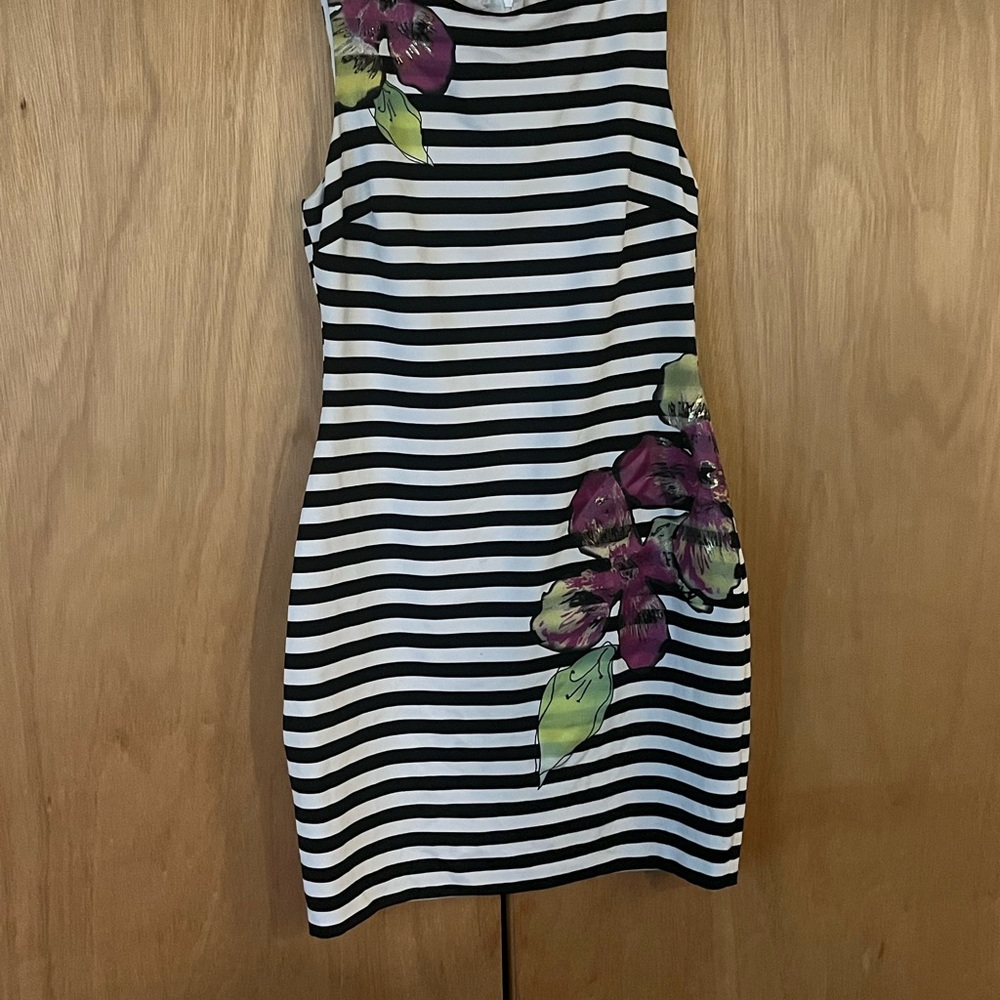 Cache Black and White Striped Dress with Floral Design